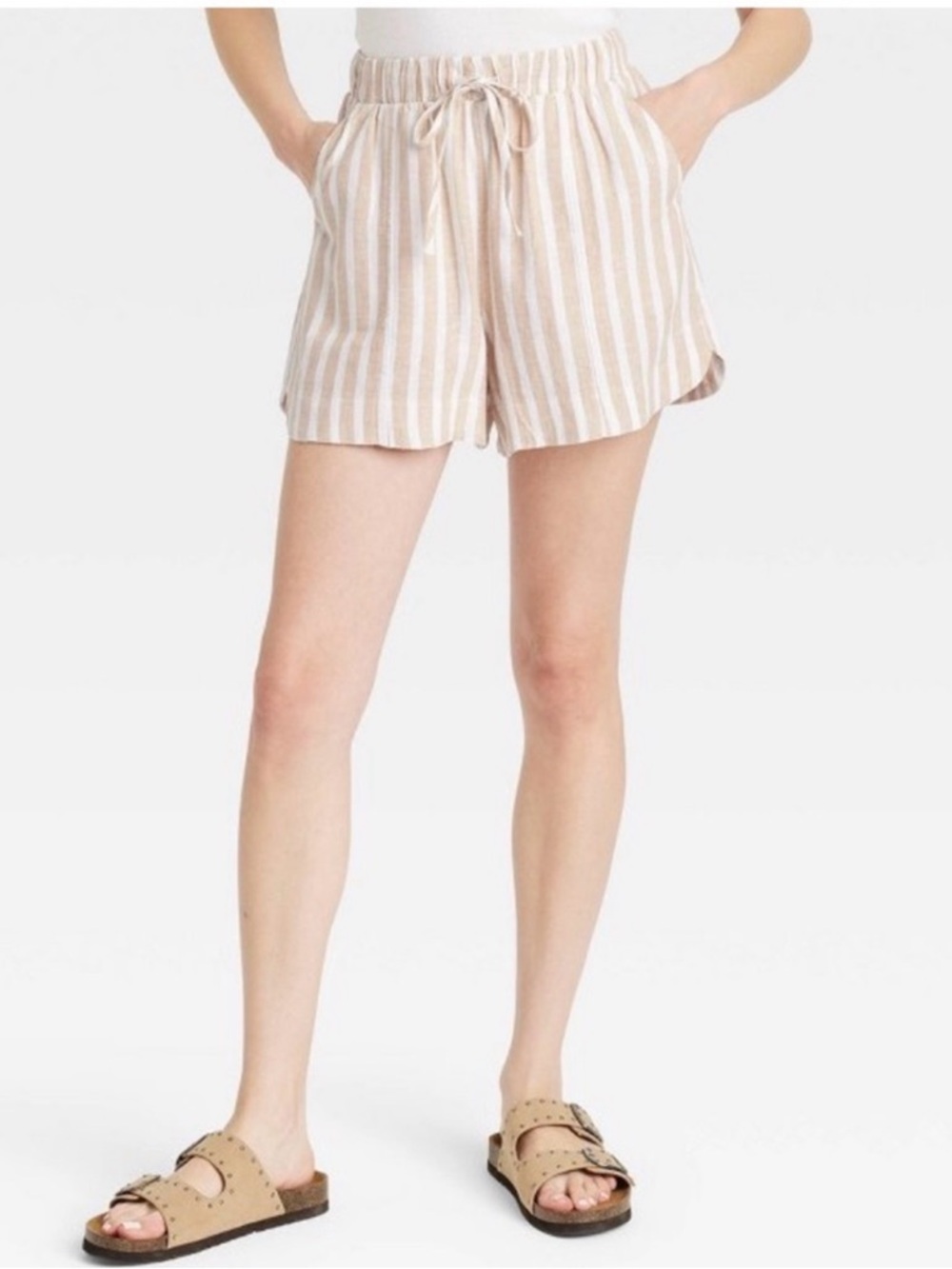 Universal Thread Beige and White Striped High-Waist Linen Blend Shorts